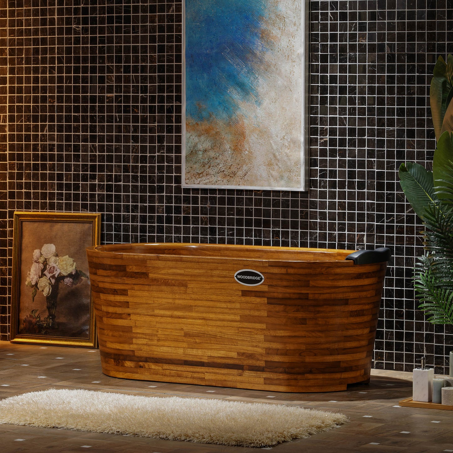 WOODBRIDGE 59" Freestanding Handcrafted Natural Wood Soaking Oval Bathtub