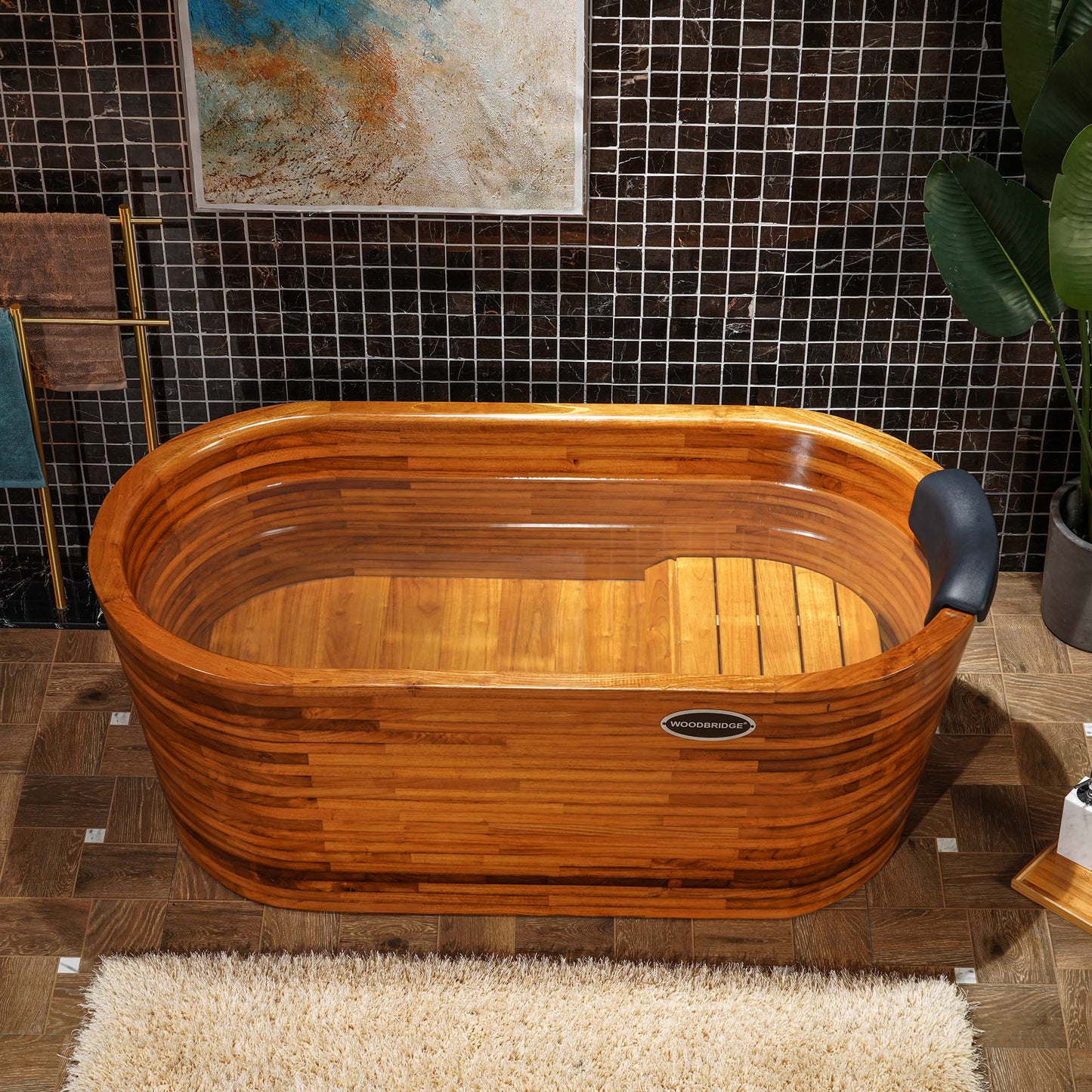 WOODBRIDGE 59" Freestanding Handcrafted Natural Wood Soaking Oval Bathtub