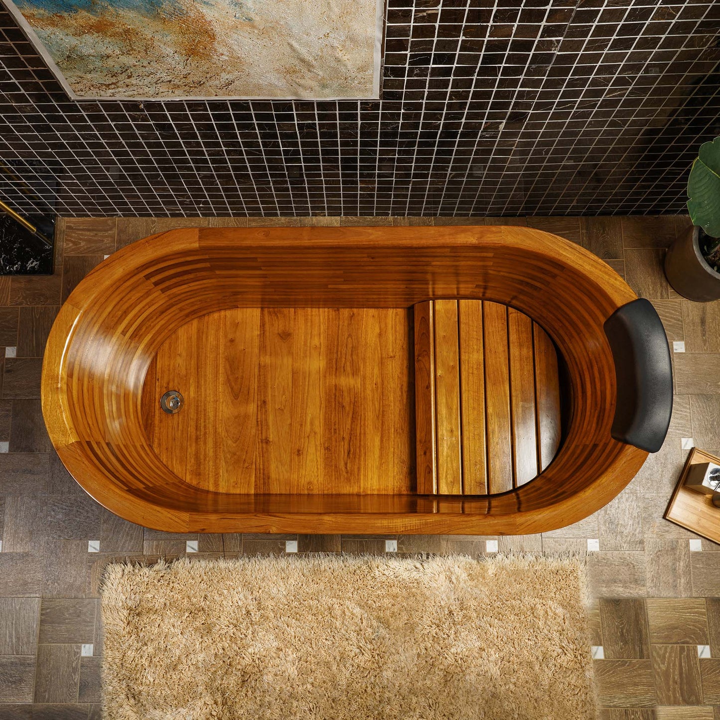 WOODBRIDGE 59" Freestanding Handcrafted Natural Wood Soaking Oval Bathtub