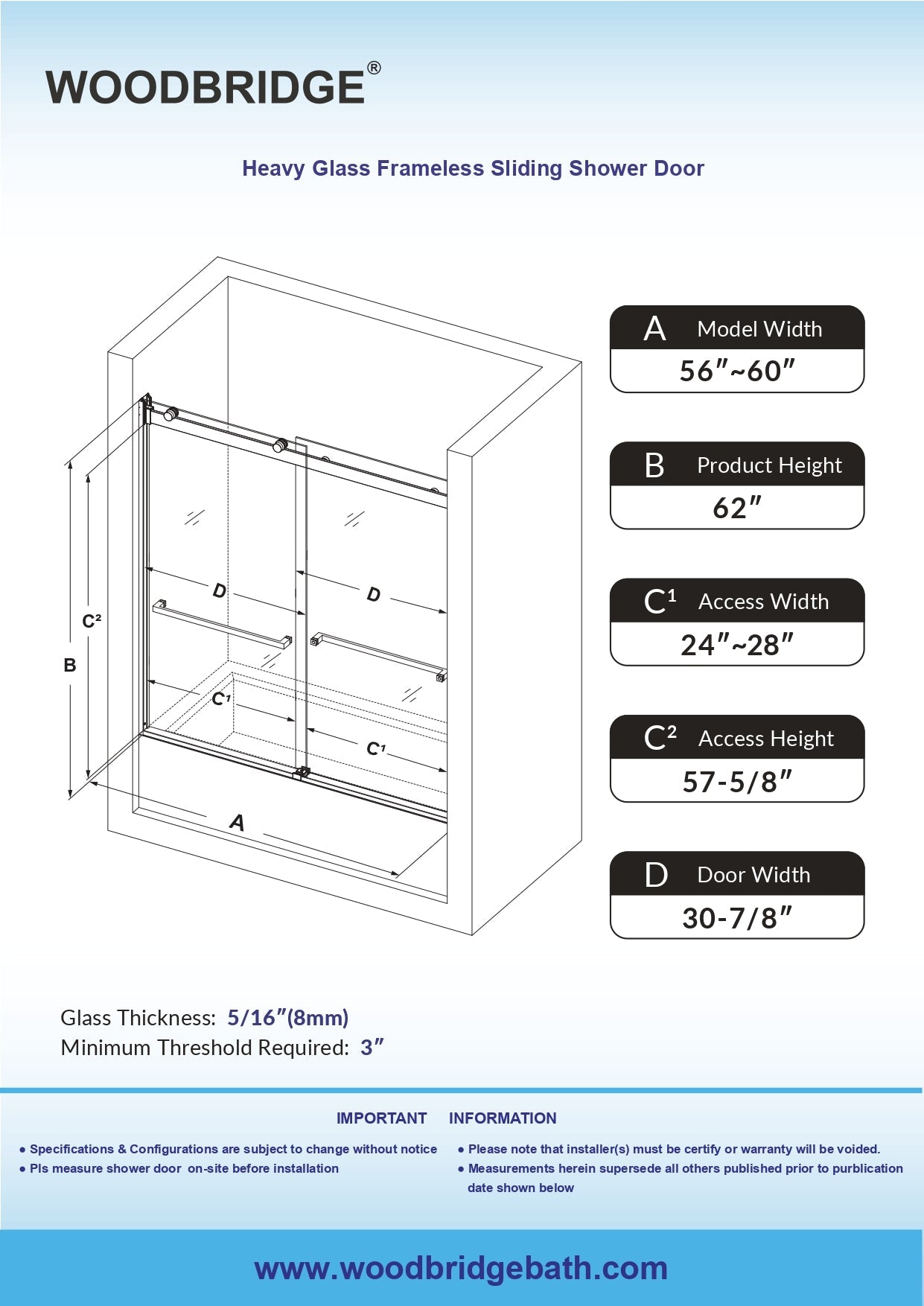 WOODBRIDGE Frameless Bathtub Shower Doors 56-60" Width x 62"Height with 5/16"(8mm) Clear Tempered Glass, 2 Ways Opening & Double Sliding