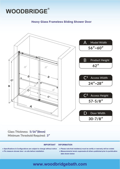 WOODBRIDGE Frameless Bathtub Shower Doors 56-60" Width x 62"Height with 5/16"(8mm) Clear Tempered Glass, 2 Ways Opening & Double Sliding