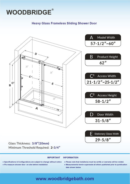 WOODBRIDGE Frameless Single Sliding Shower Doors, 57.5-60" Width x 62"Height with 3/8"(10mm) Clear Tempered Glass, Soft Close System and Explosion-Proof Film