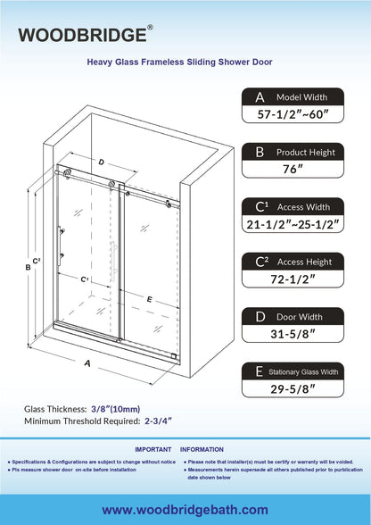 WOODBRIDGE Frameless Sliding Shower Doors with Soft Close System, 56-60" Width x 76"Height with 3/8"(10mm) Clear Tempered Glass