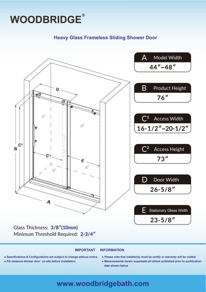 WOODBRIDGE MBSDC4876-B Frameless Shower Doors 44-48" Width x 76"Height with 3/8"(10mm) Clear Tempered Glass