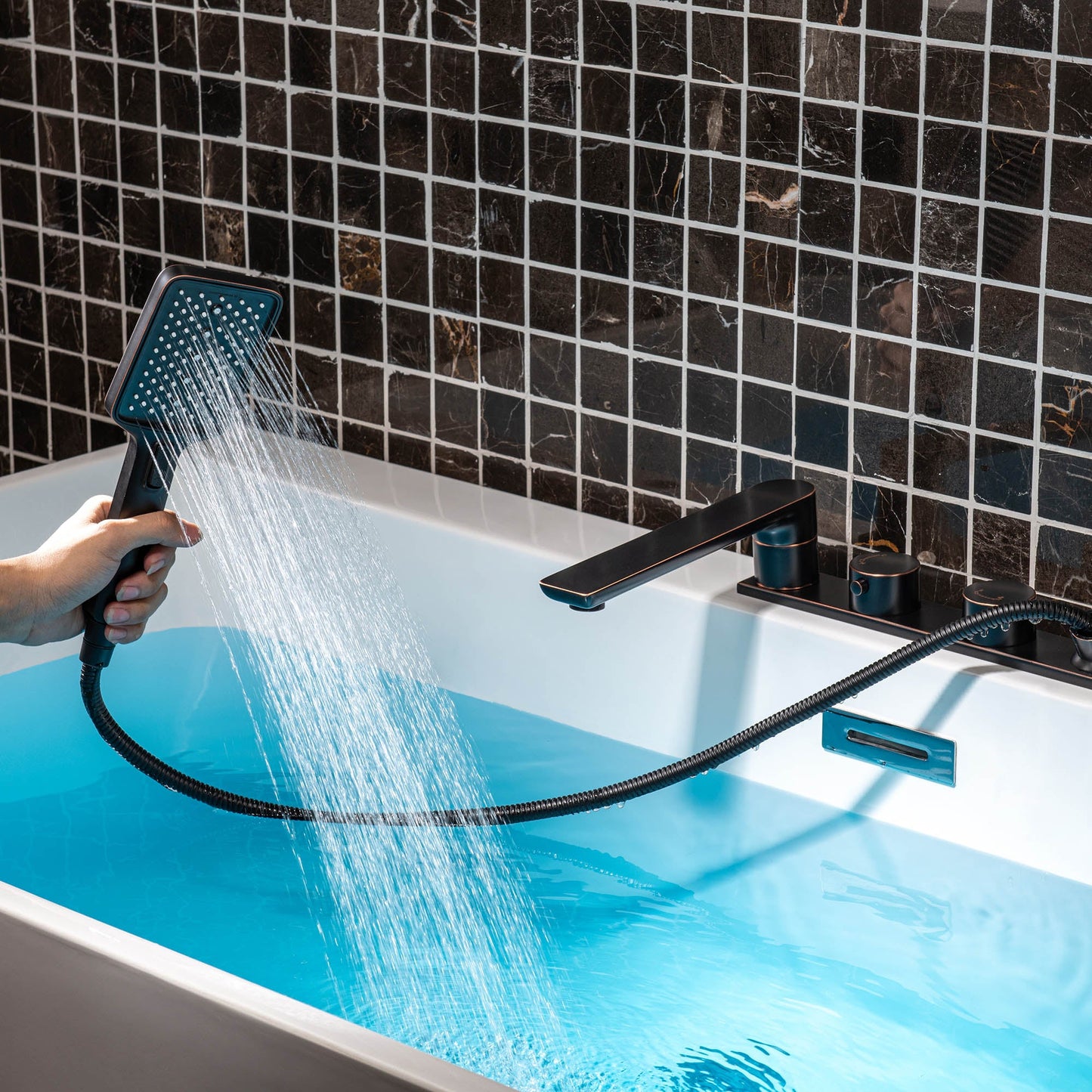 WOODBRIDGE Widespread Deck Mount Roman Tub Faucet with Hand Shower, Two-Handle 4-Holes Bathtub Shower Faucet Set