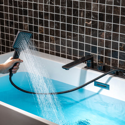 WOODBRIDGE Widespread Deck Mount Roman Tub Faucet with Hand Shower, Two-Handle 4-Holes Bathtub Shower Faucet Set