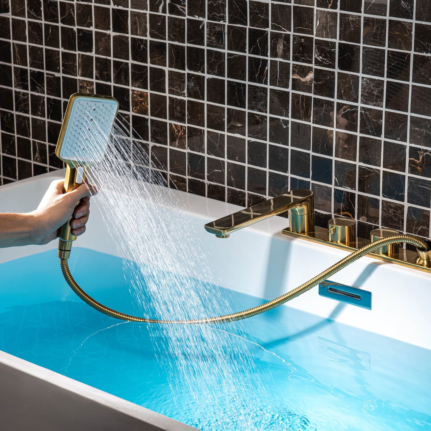 WOODBRIDGE Widespread Deck Mount Roman Tub Faucet with Hand Shower, Two-Handle 4-Holes Bathtub Shower Faucet Set
