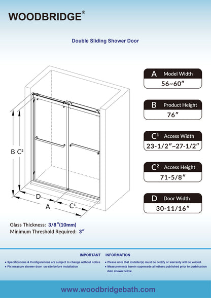 WOODBRIDGE Frameless Shower Doors 56-60" Width x 76"Height with 3/8"(10mm) Clear Tempered Glass, 2 Ways Opening & Double Sliding