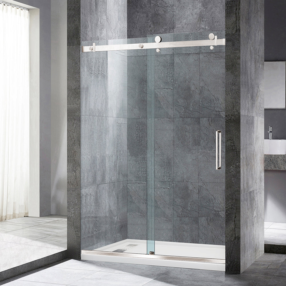 WOODBRIDGE Frameless Single Sliding Shower Doors, 44-48" Width x 76" Height with 5/16"(8mm) Clear Tempered Glass and Explosion-Proof Film