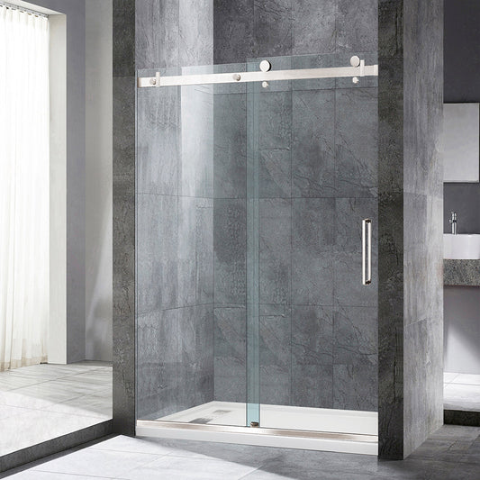 WOODBRIDGE Frameless Single Sliding Shower Doors, 44-48" Width x 76" Height with 5/16"(8mm) Clear Tempered Glass and Explosion-Proof Film