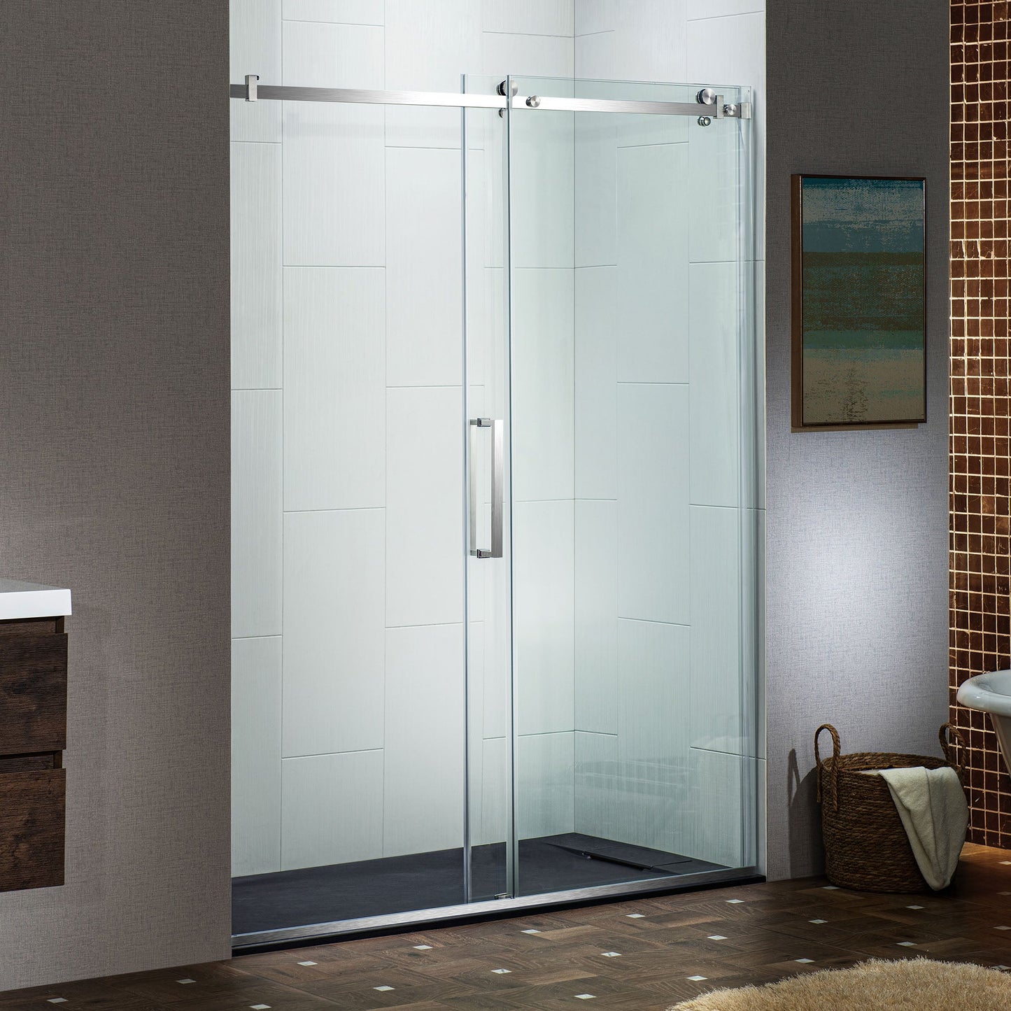 WOODBRIDGE Frameless Single Sliding Shower Doors, 44-48" Width x 76" Height with 5/16"(8mm) Clear Tempered Glass and Explosion-Proof Film