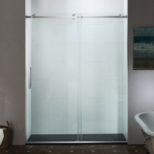 WOODBRIDGE Frameless Single Sliding Shower Doors, 44-48" Width x 76" Height with 5/16"(8mm) Clear Tempered Glass and Explosion-Proof Film