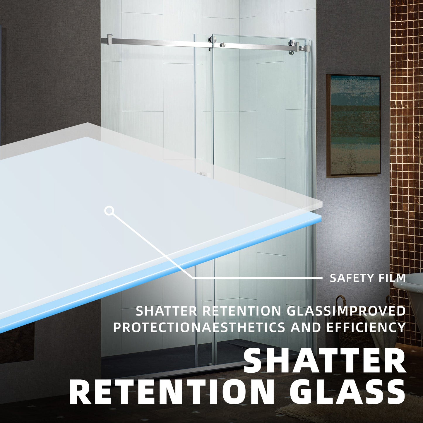 WOODBRIDGE Frameless Single Sliding Shower Doors, 44-48" Width x 76" Height with 5/16"(8mm) Clear Tempered Glass and Explosion-Proof Film
