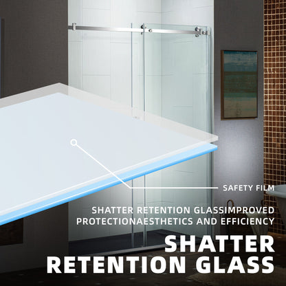 WOODBRIDGE Frameless Single Sliding Shower Doors, 44-48" Width x 76" Height with 5/16"(8mm) Clear Tempered Glass and Explosion-Proof Film