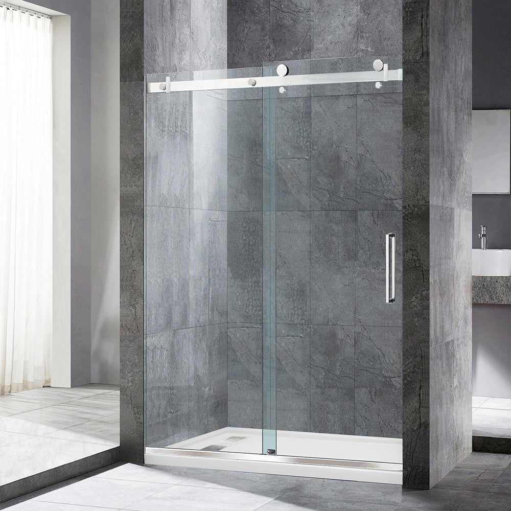 WOODBRIDGE Frameless Single Sliding Shower Doors, 44-48" Width x 76" Height with 5/16"(8mm) Clear Tempered Glass and Explosion-Proof Film