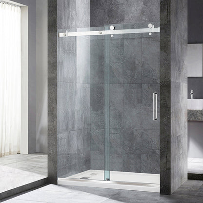 WOODBRIDGE Frameless Single Sliding Shower Doors, 44-48" Width x 76" Height with 5/16"(8mm) Clear Tempered Glass and Explosion-Proof Film