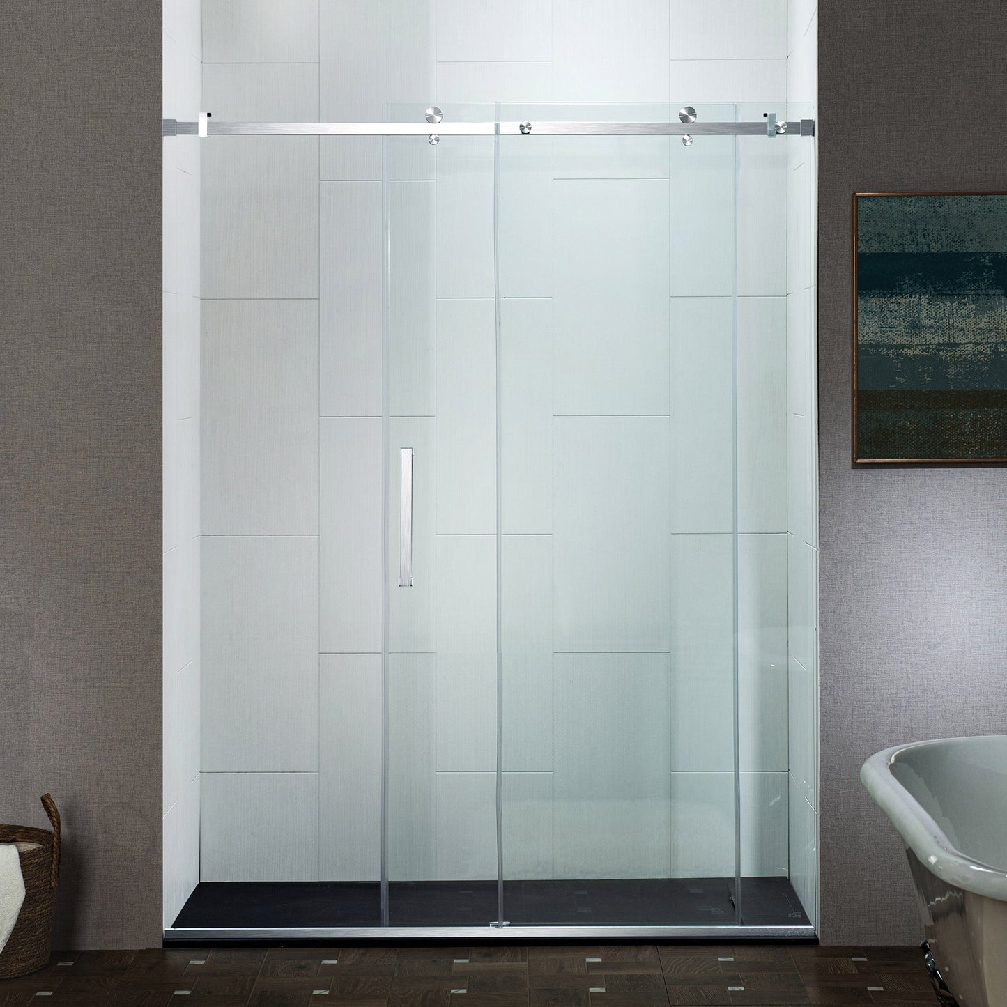 WOODBRIDGE Frameless Single Sliding Shower Doors, 44-48" Width x 76" Height with 5/16"(8mm) Clear Tempered Glass and Explosion-Proof Film
