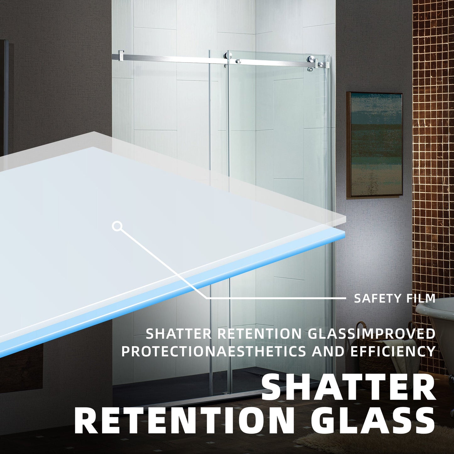 WOODBRIDGE Frameless Single Sliding Shower Doors, 44-48" Width x 76" Height with 5/16"(8mm) Clear Tempered Glass and Explosion-Proof Film