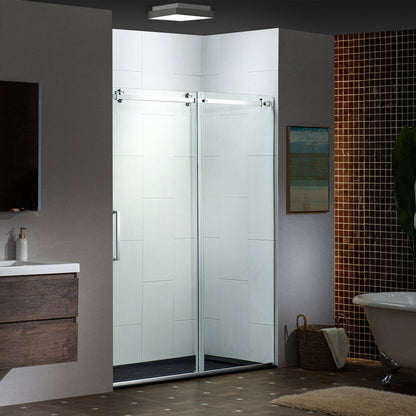 WOODBRIDGE Frameless Single Sliding Shower Doors, 44-48" Width x 76" Height with 5/16"(8mm) Clear Tempered Glass and Explosion-Proof Film