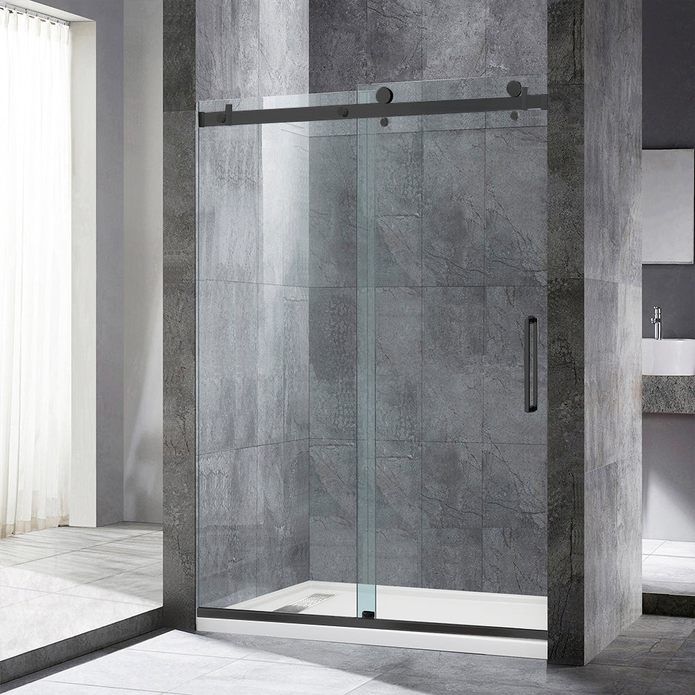 WOODBRIDGE Frameless Single Sliding Shower Doors, 44-48" Width x 76" Height with 5/16"(8mm) Clear Tempered Glass and Explosion-Proof Film