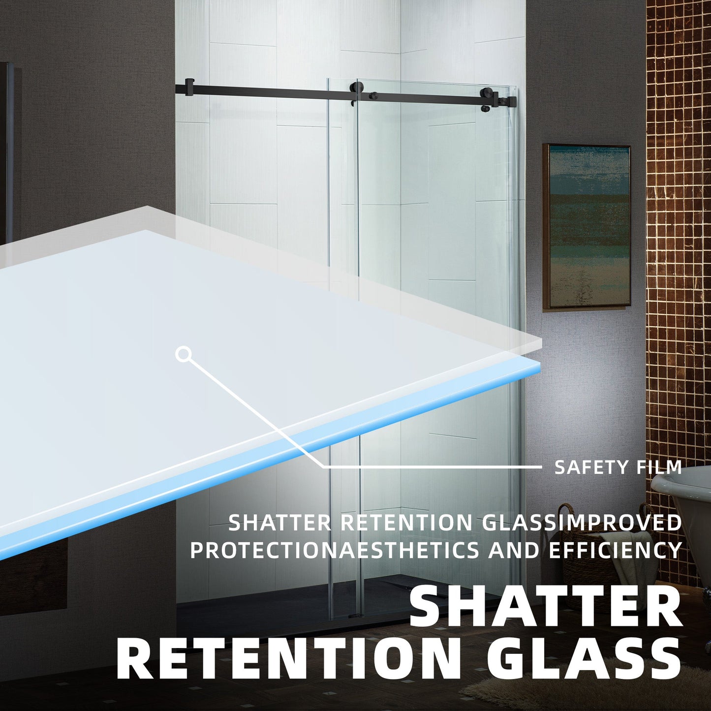 WOODBRIDGE Frameless Single Sliding Shower Doors, 44-48" Width x 76" Height with 5/16"(8mm) Clear Tempered Glass and Explosion-Proof Film
