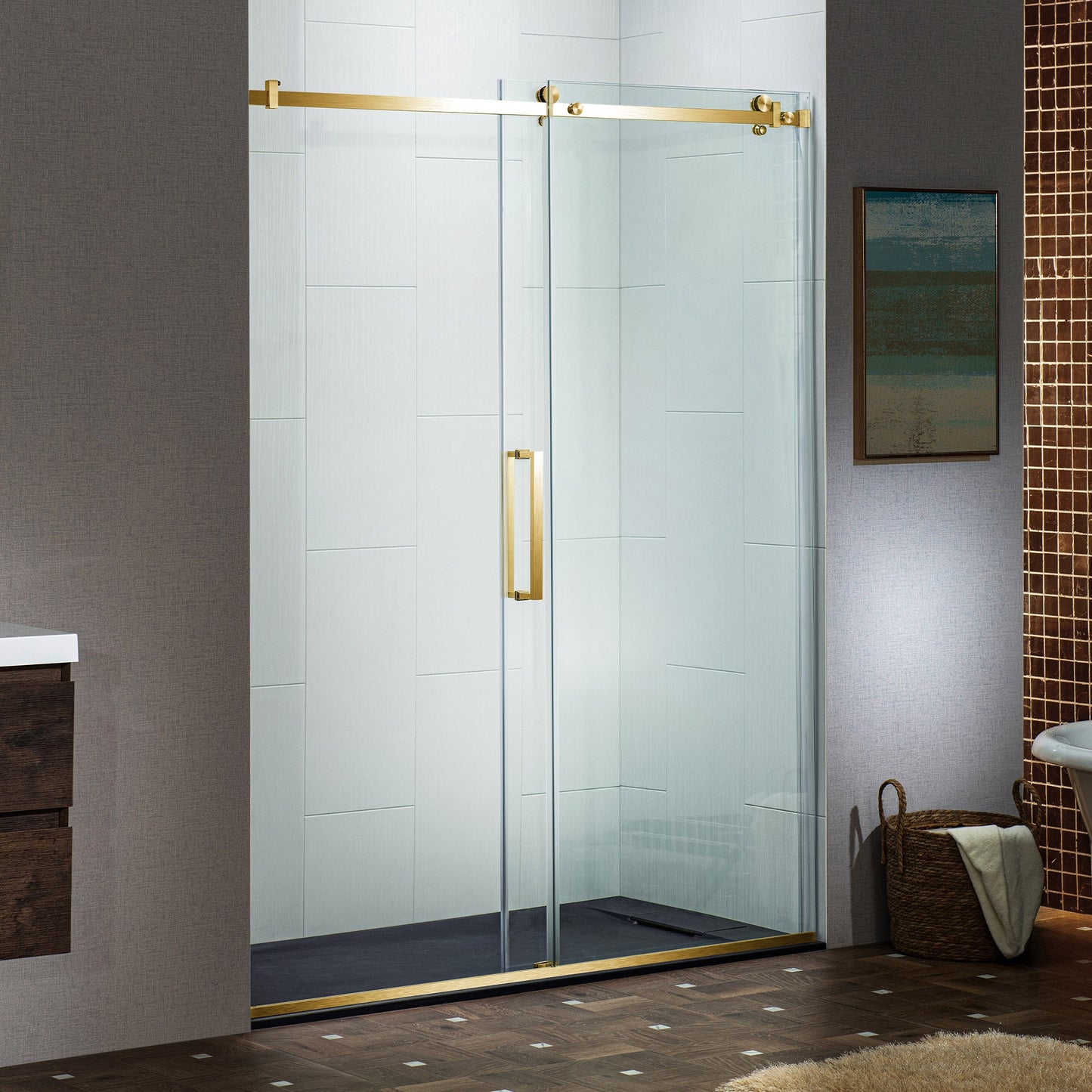WOODBRIDGE Frameless Single Sliding Shower Doors, 44-48" Width x 76" Height with 5/16"(8mm) Clear Tempered Glass and Explosion-Proof Film
