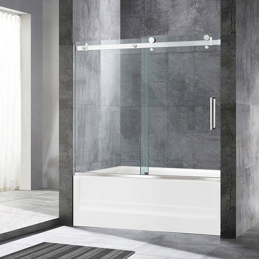 WOODBRIDGE Frameless Single Sliding Shower Doors, 56-60" Width x 62" Height with 5/16"(8mm) Clear Tempered Glass and Explosion-Proof Film