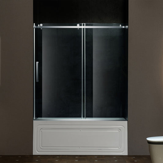 WOODBRIDGE Frameless Single Sliding Shower Doors, 56-60" Width x 62" Height with 5/16"(8mm) Clear Tempered Glass and Explosion-Proof Film
