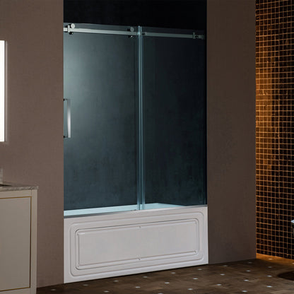 WOODBRIDGE Frameless Single Sliding Shower Doors, 56-60" Width x 62" Height with 5/16"(8mm) Clear Tempered Glass and Explosion-Proof Film
