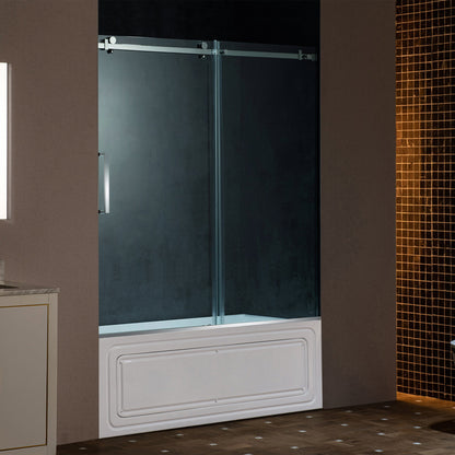 WOODBRIDGE Frameless Single Sliding Shower Doors, 56-60" Width x 62" Height with 5/16"(8mm) Clear Tempered Glass and Explosion-Proof Film
