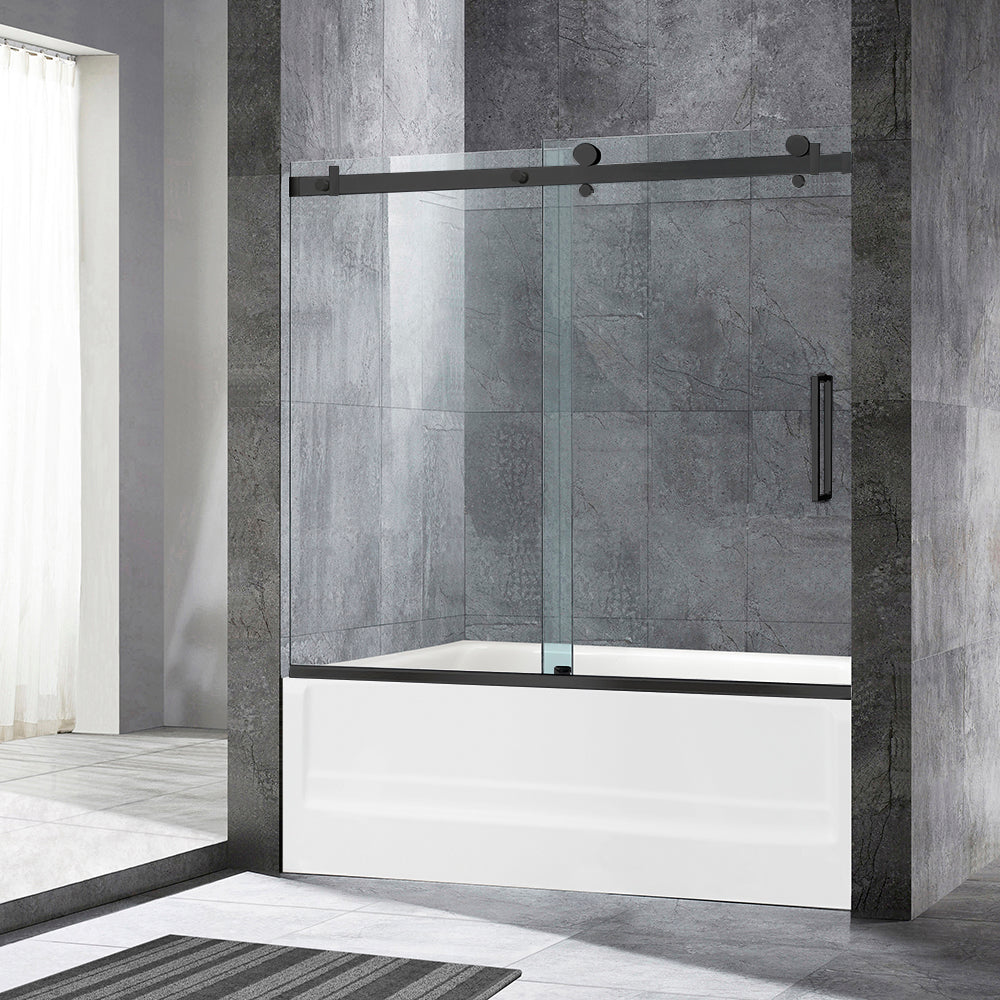WOODBRIDGE Frameless Single Sliding Shower Doors, 56-60" Width x 62" Height with 5/16"(8mm) Clear Tempered Glass and Explosion-Proof Film