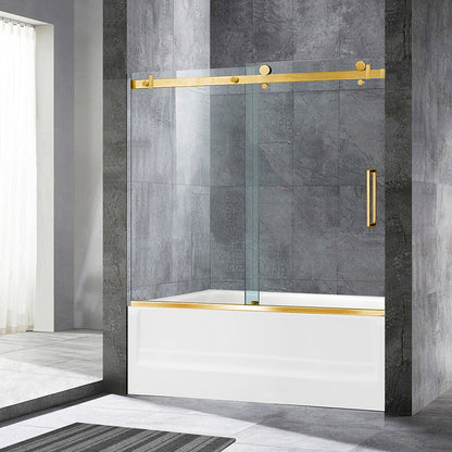 WOODBRIDGE Frameless Single Sliding Shower Doors, 56-60" Width x 62" Height with 5/16"(8mm) Clear Tempered Glass and Explosion-Proof Film