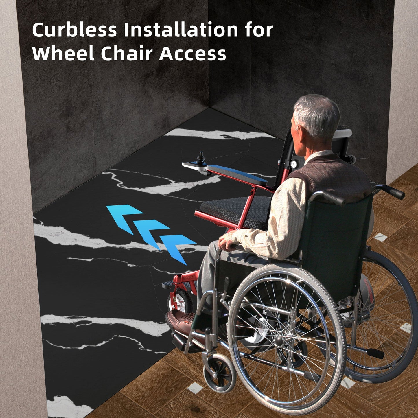WOODBRIDGE 47.25 in L x 31.5 in W Zero Threshold End Drain Shower Base with Reversible Drain Placement, Matching Decorative Drain Plate and Tile Flange, Wheel Chair Access, Low Profile