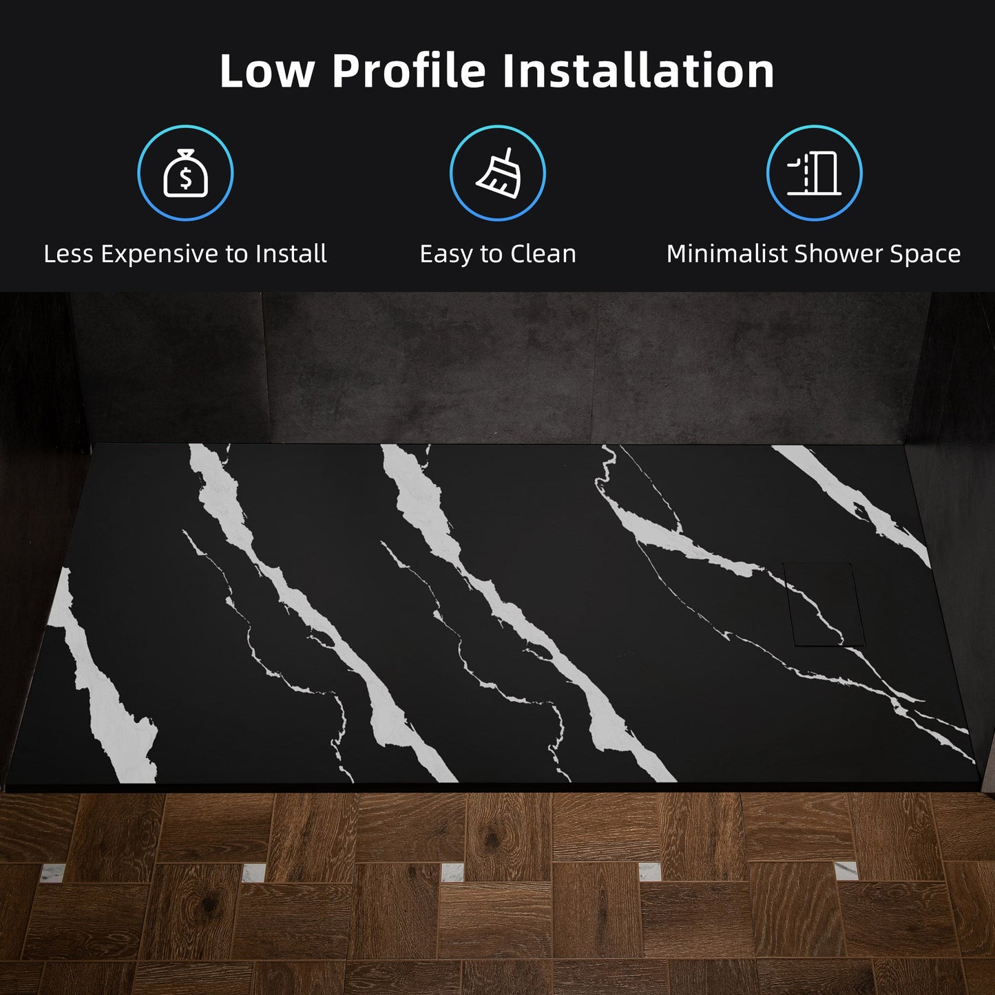 WOODBRIDGE 47.25 in L x 31.5 in W Zero Threshold End Drain Shower Base with Reversible Drain Placement, Matching Decorative Drain Plate and Tile Flange, Wheel Chair Access, Low Profile
