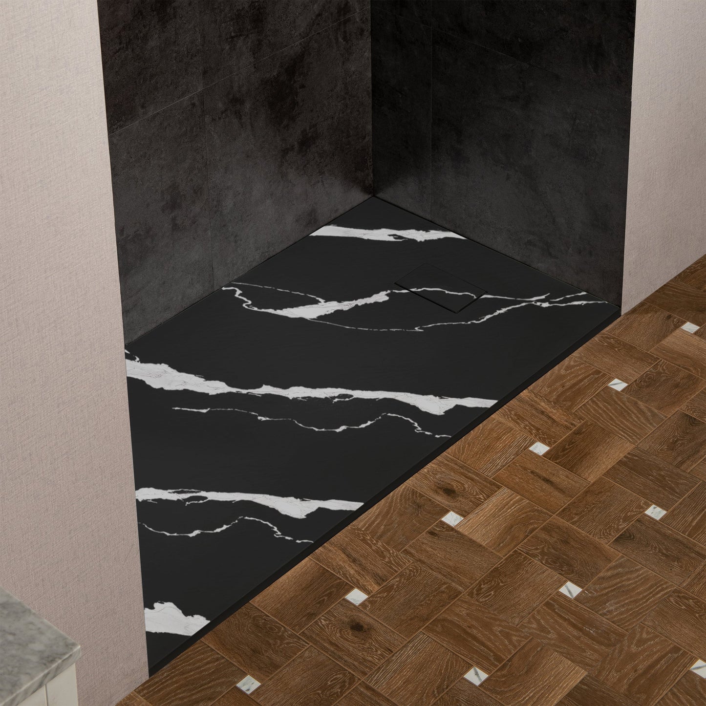 WOODBRIDGE 47.25 in L x 31.5 in W Zero Threshold End Drain Shower Base with Reversible Drain Placement, Matching Decorative Drain Plate and Tile Flange, Wheel Chair Access, Low Profile