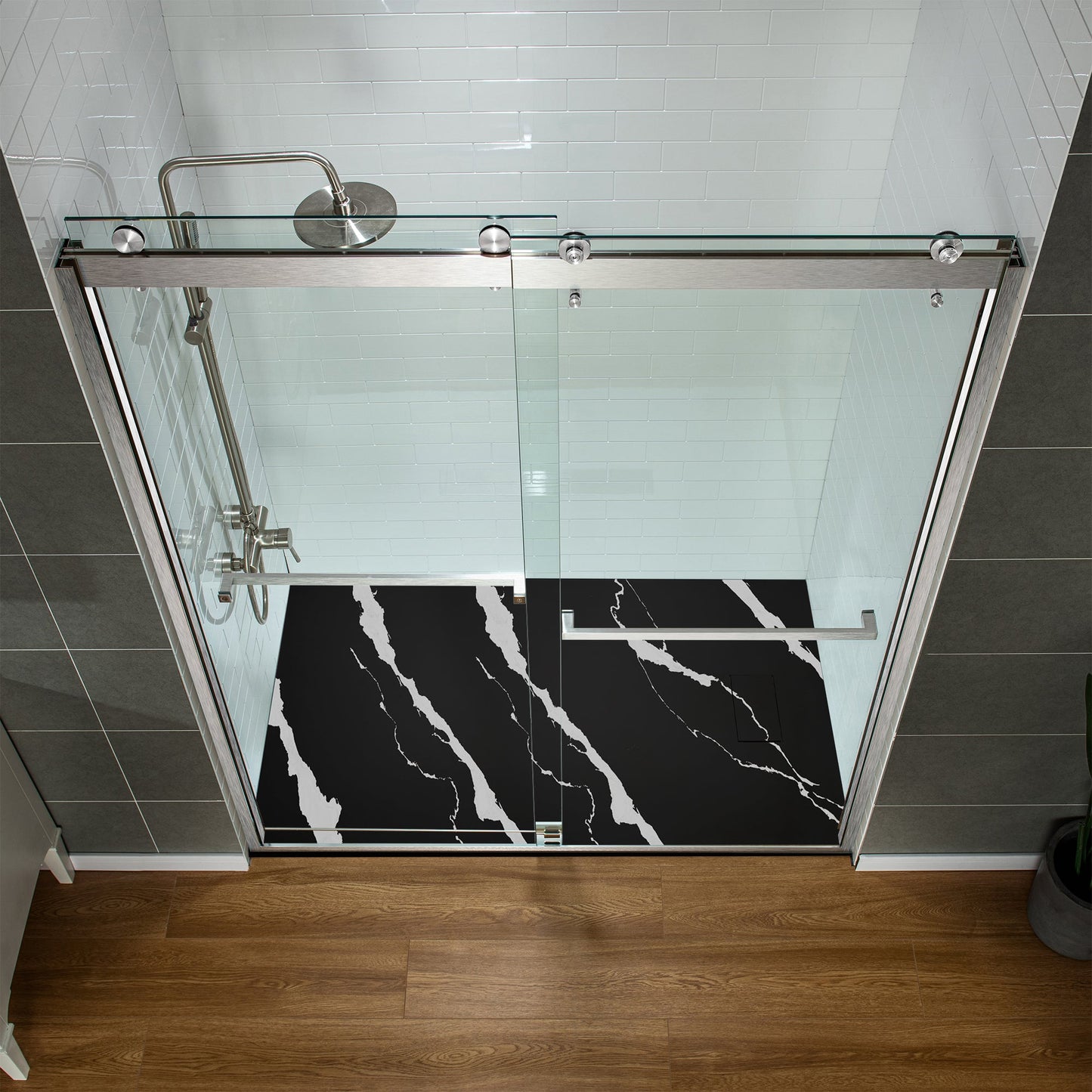 WOODBRIDGE 47.25 in L x 31.5 in W Zero Threshold End Drain Shower Base with Reversible Drain Placement, Matching Decorative Drain Plate and Tile Flange, Wheel Chair Access, Low Profile