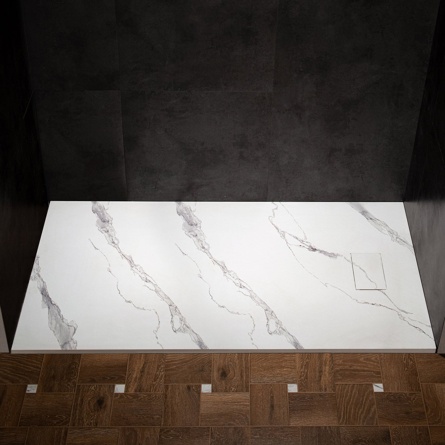 WOODBRIDGE 47.25 in L x 31.5 in W Zero Threshold End Drain Shower Base with Reversible Drain Placement, Matching Decorative Drain Plate and Tile Flange, Wheel Chair Access, Low Profile