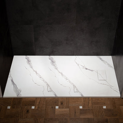 WOODBRIDGE 47.25 in L x 31.5 in W Zero Threshold End Drain Shower Base with Reversible Drain Placement, Matching Decorative Drain Plate and Tile Flange, Wheel Chair Access, Low Profile