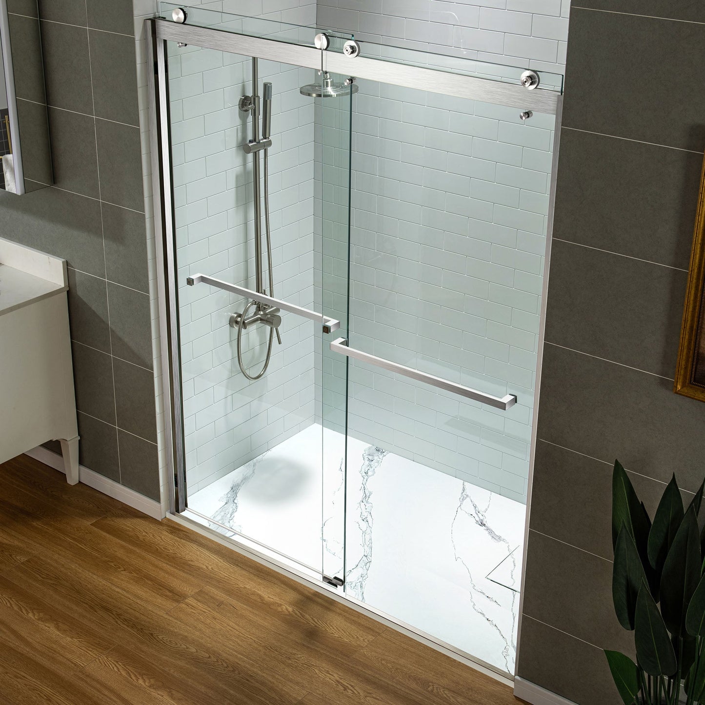 WOODBRIDGE 47.25 in L x 31.5 in W Zero Threshold End Drain Shower Base with Reversible Drain Placement, Matching Decorative Drain Plate and Tile Flange, Wheel Chair Access, Low Profile