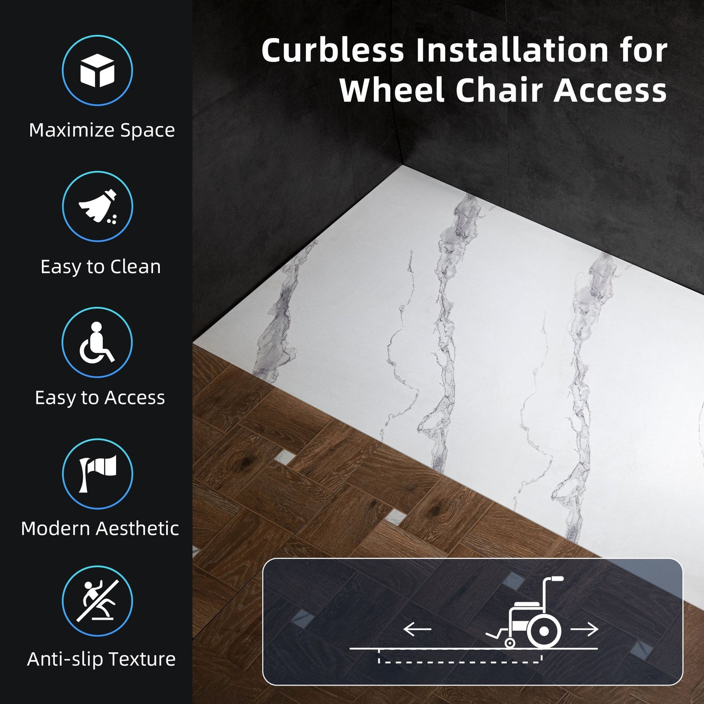 WOODBRIDGE 47.25 in L x 31.5 in W Zero Threshold End Drain Shower Base with Reversible Drain Placement, Matching Decorative Drain Plate and Tile Flange, Wheel Chair Access, Low Profile