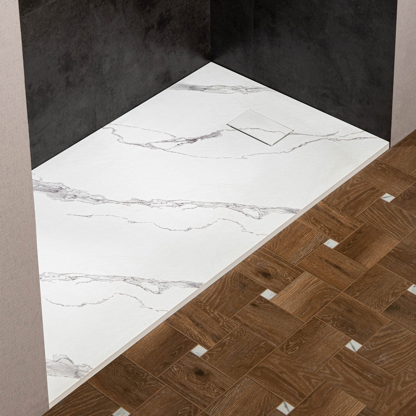 WOODBRIDGE 47.25 in L x 31.5 in W Zero Threshold End Drain Shower Base with Reversible Drain Placement, Matching Decorative Drain Plate and Tile Flange, Wheel Chair Access, Low Profile