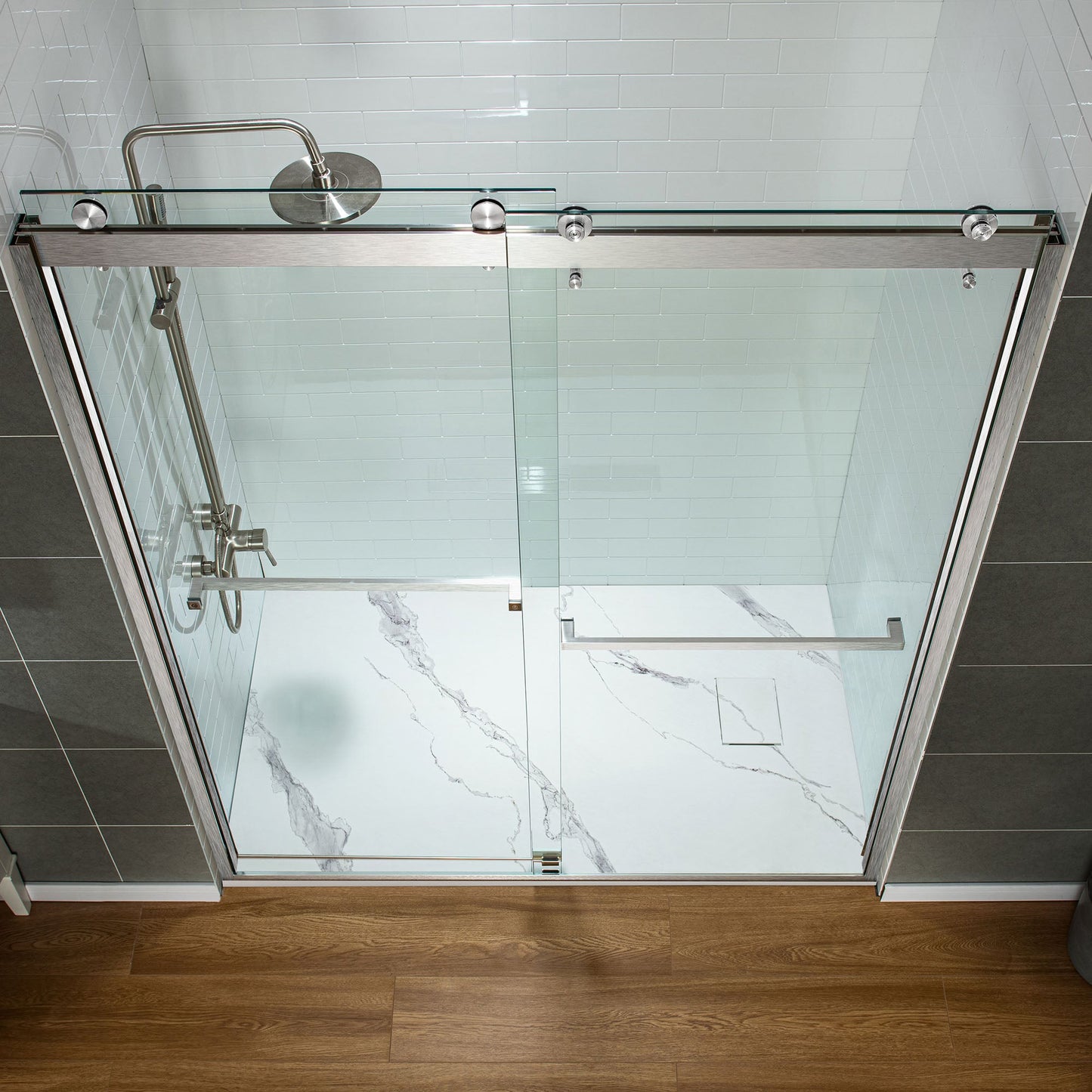 WOODBRIDGE 47.25 in L x 31.5 in W Zero Threshold End Drain Shower Base with Reversible Drain Placement, Matching Decorative Drain Plate and Tile Flange, Wheel Chair Access, Low Profile