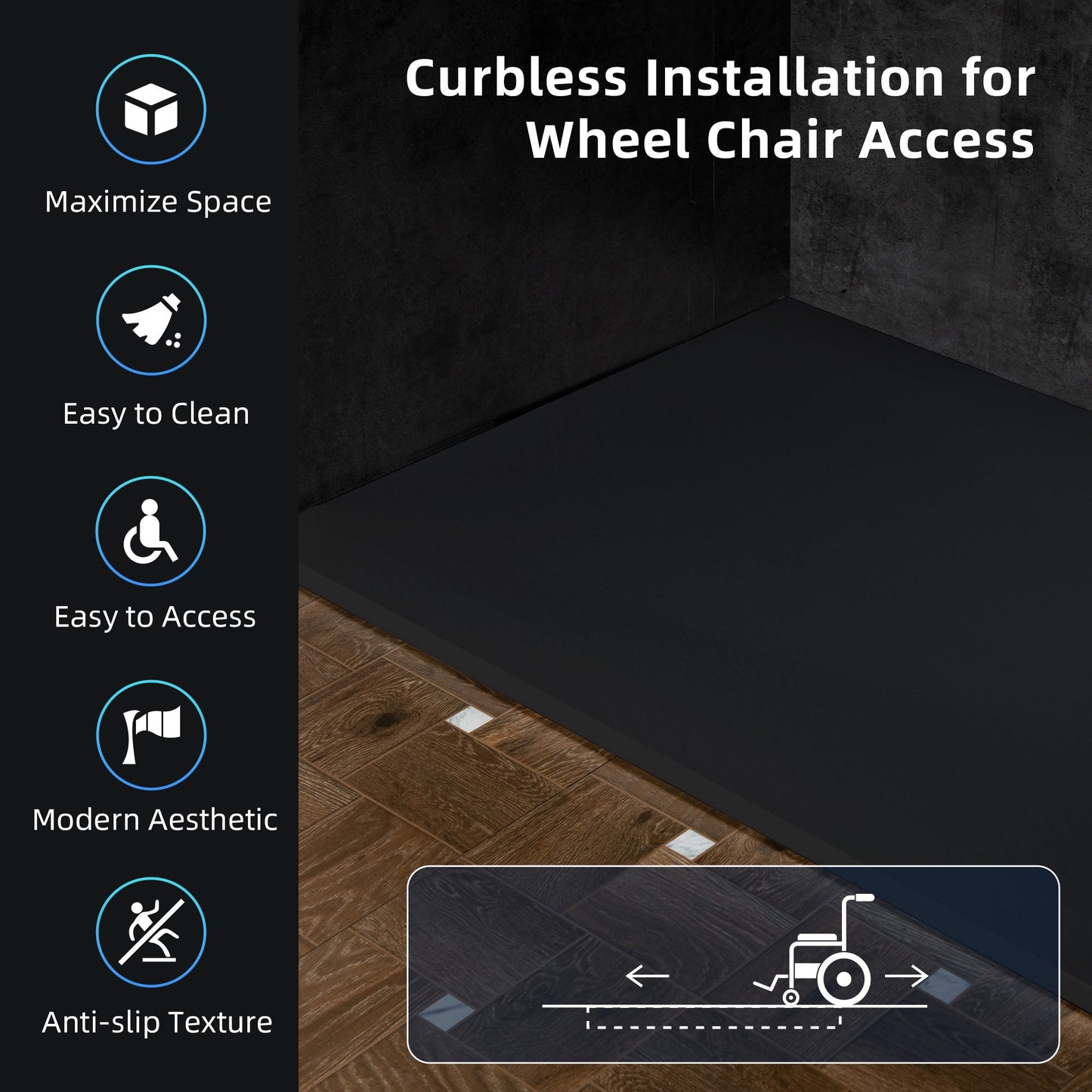 WOODBRIDGE 47.25 in L x 31.5 in W Zero Threshold End Drain Shower Base with Reversible Drain Placement, Matching Decorative Drain Plate and Tile Flange, Wheel Chair Access, Low Profile