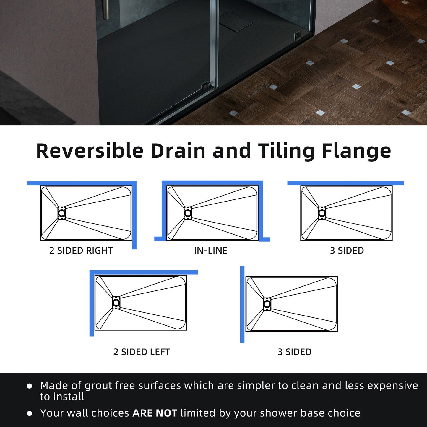 WOODBRIDGE 47.25 in L x 31.5 in W Zero Threshold End Drain Shower Base with Reversible Drain Placement, Matching Decorative Drain Plate and Tile Flange, Wheel Chair Access, Low Profile