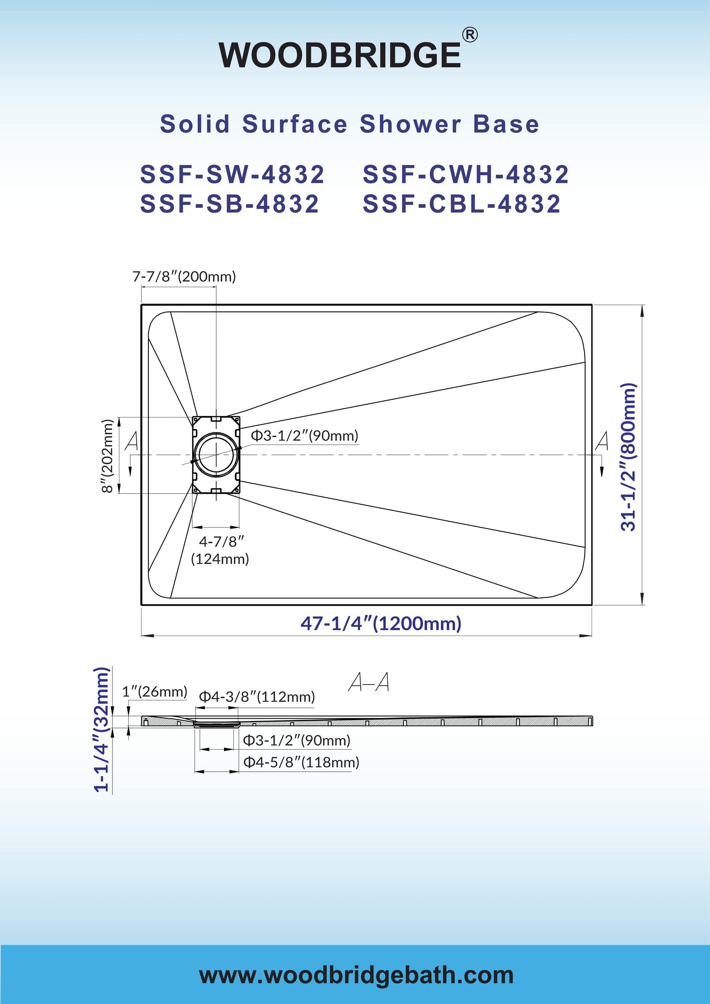 WOODBRIDGE 47.25 in L x 31.5 in W Zero Threshold End Drain Shower Base with Reversible Drain Placement, Matching Decorative Drain Plate and Tile Flange, Wheel Chair Access, Low Profile
