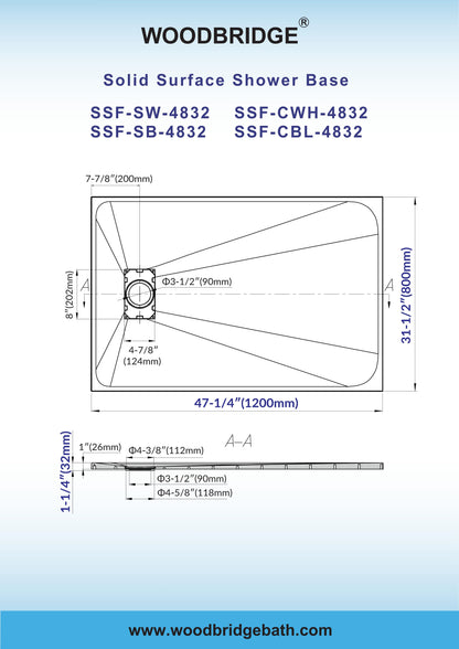 WOODBRIDGE 47.25 in L x 31.5 in W Zero Threshold End Drain Shower Base with Reversible Drain Placement, Matching Decorative Drain Plate and Tile Flange, Wheel Chair Access, Low Profile
