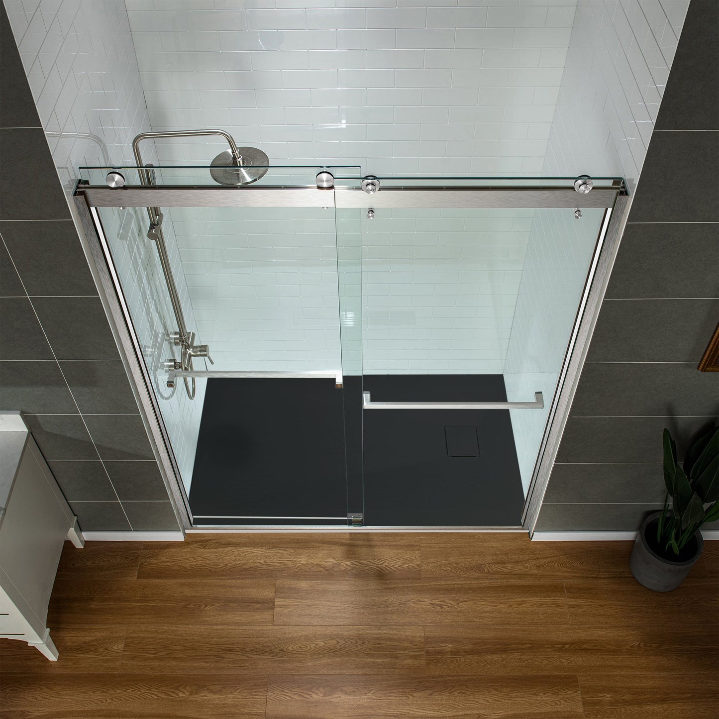 WOODBRIDGE 47.25 in L x 31.5 in W Zero Threshold End Drain Shower Base with Reversible Drain Placement, Matching Decorative Drain Plate and Tile Flange, Wheel Chair Access, Low Profile