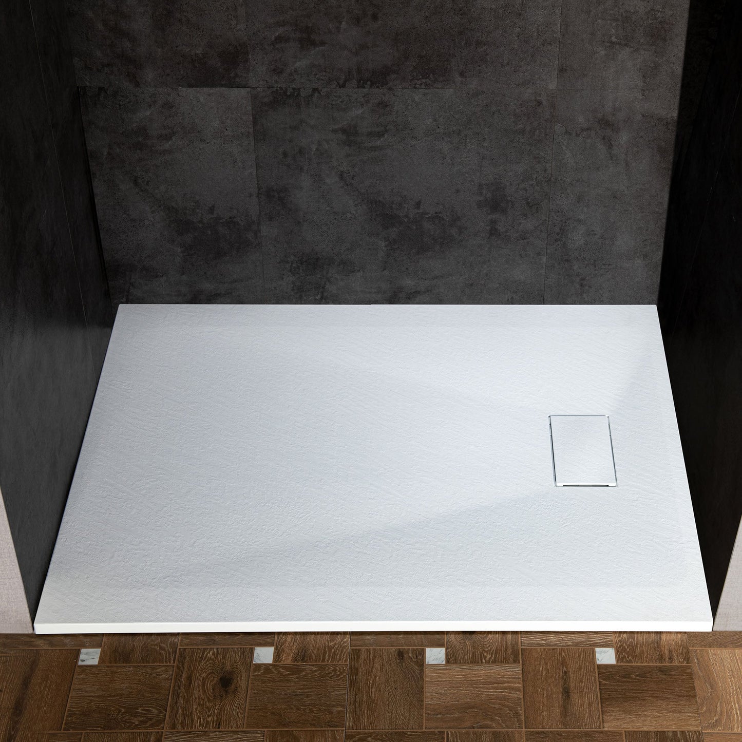 WOODBRIDGE 47.25 in L x 31.5 in W Zero Threshold End Drain Shower Base with Reversible Drain Placement, Matching Decorative Drain Plate and Tile Flange, Wheel Chair Access, Low Profile