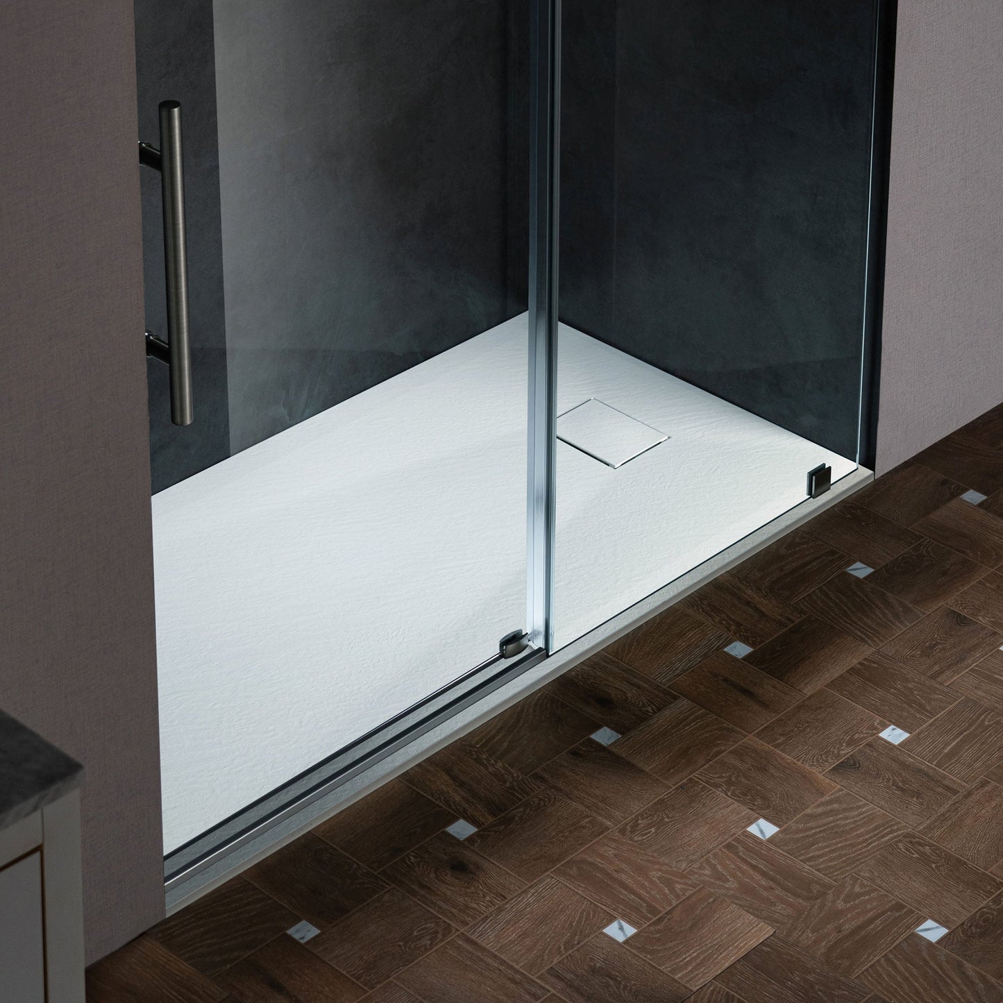 WOODBRIDGE 47.25 in L x 31.5 in W Zero Threshold End Drain Shower Base with Reversible Drain Placement, Matching Decorative Drain Plate and Tile Flange, Wheel Chair Access, Low Profile