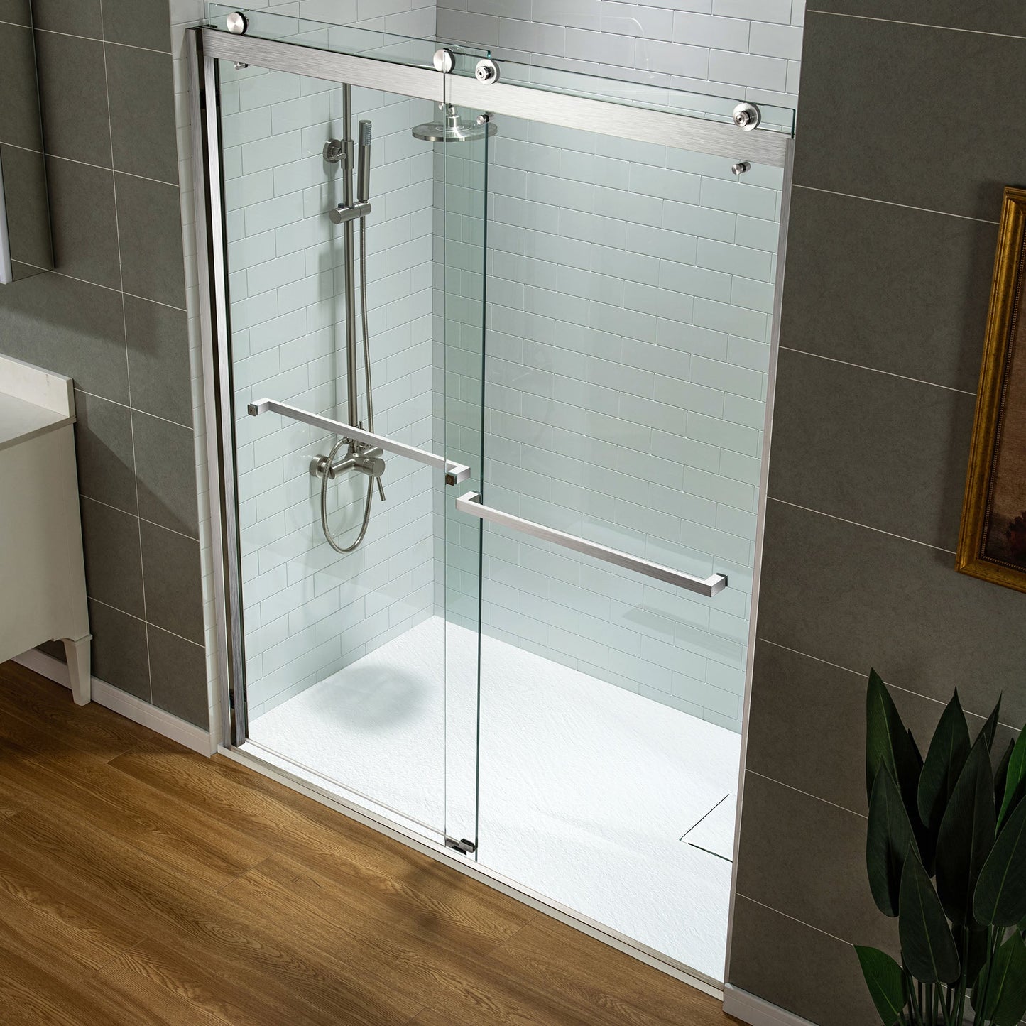 WOODBRIDGE 47.25 in L x 31.5 in W Zero Threshold End Drain Shower Base with Reversible Drain Placement, Matching Decorative Drain Plate and Tile Flange, Wheel Chair Access, Low Profile